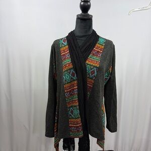 Dark Gray Bohemian Open-Front Cardigan with Multicolor Trim